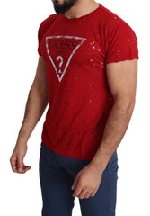 Red Cotton Logo Print Men Casual Top Perforated T-Shirt