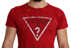 Red Cotton Logo Print Men Casual Top Perforated T-Shirt