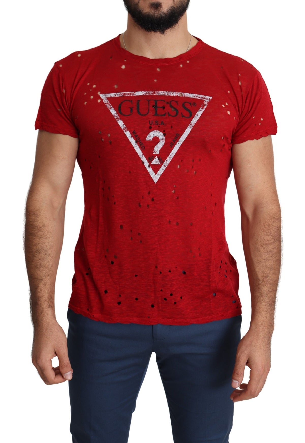 Red Cotton Logo Print Men Casual Top Perforated T-Shirt