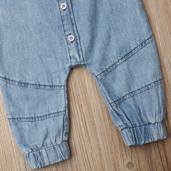 Denim Solid Color Stitching Long-sleeved Round Neck One-piece Romper