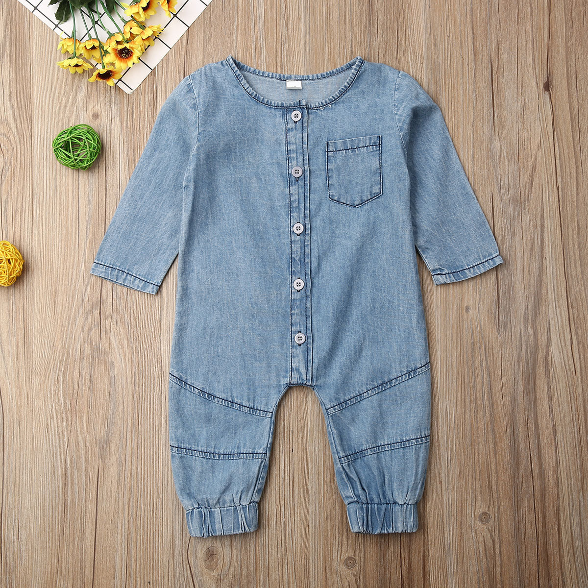 Denim Solid Color Stitching Long-sleeved Round Neck One-piece Romper