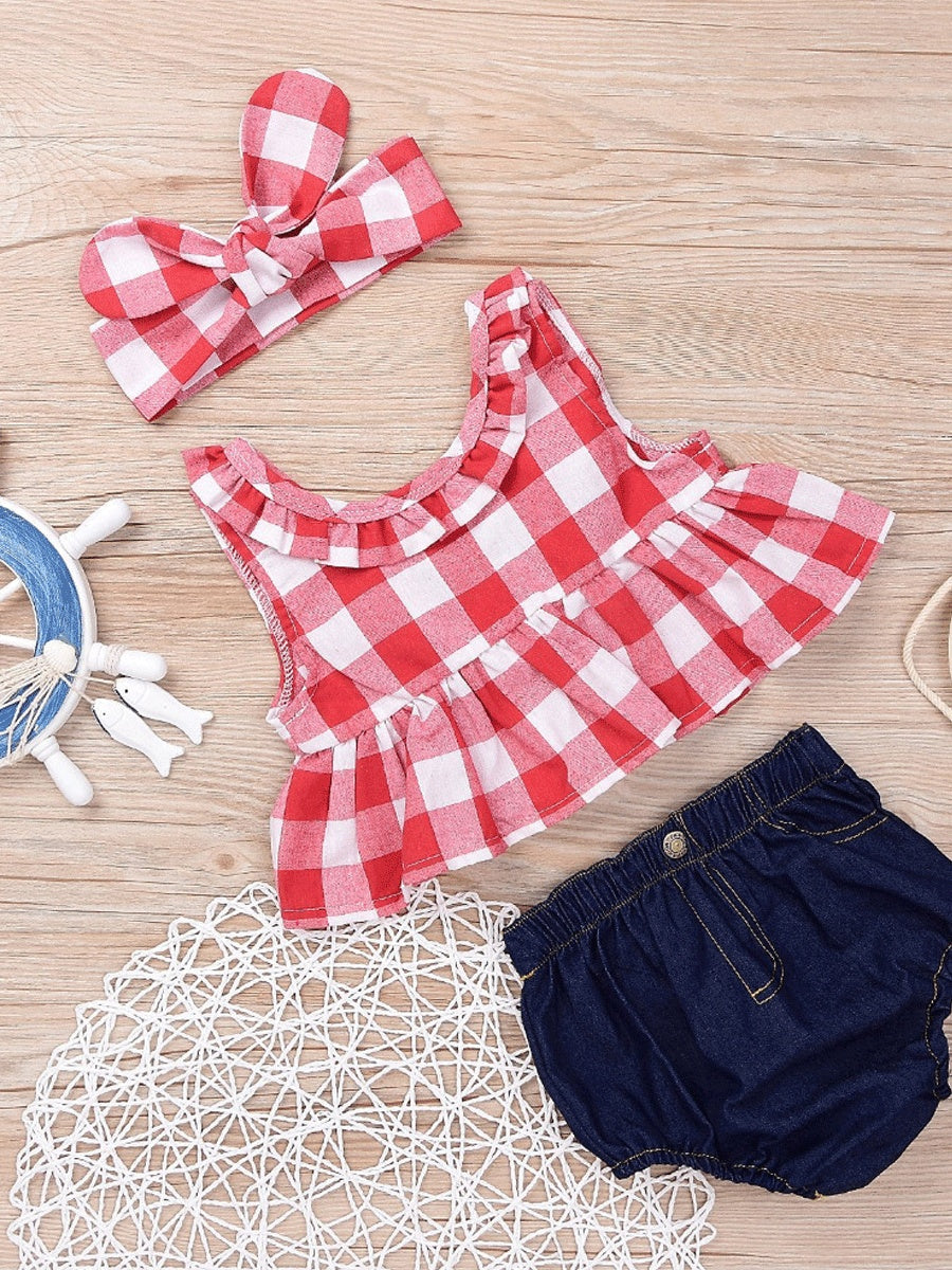 Children Plaid Top Denim Shorts Headdress Three-piece Set
