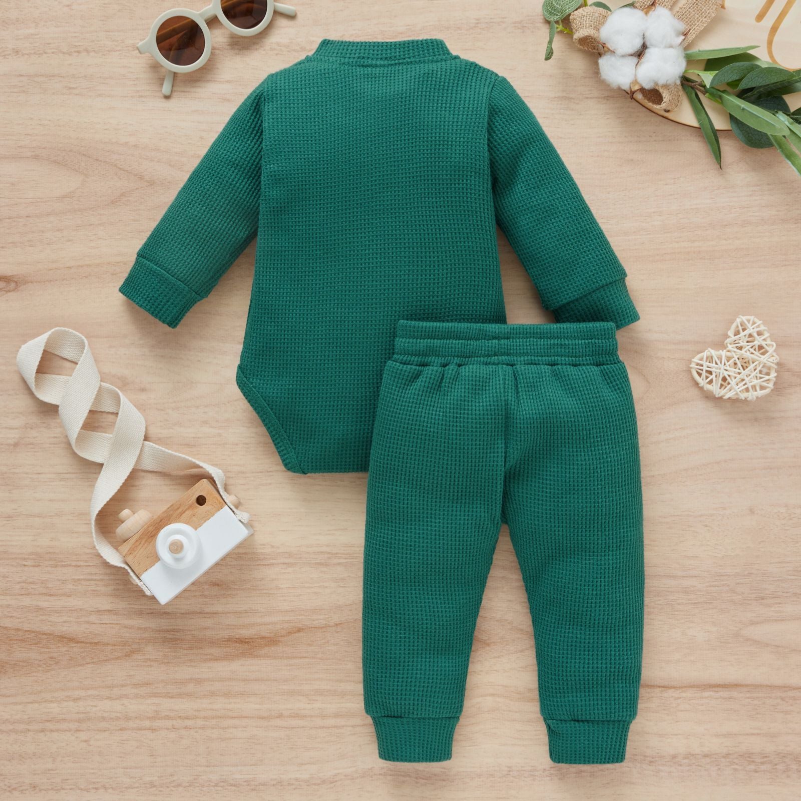Cotton Waffle Stand Collar Romper Trousers Two-piece Set