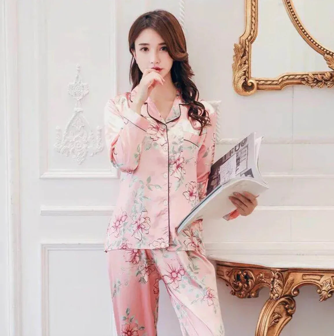 Women's Short Sleeve Silk-Feel Lapel Cardigan Loungewear Set