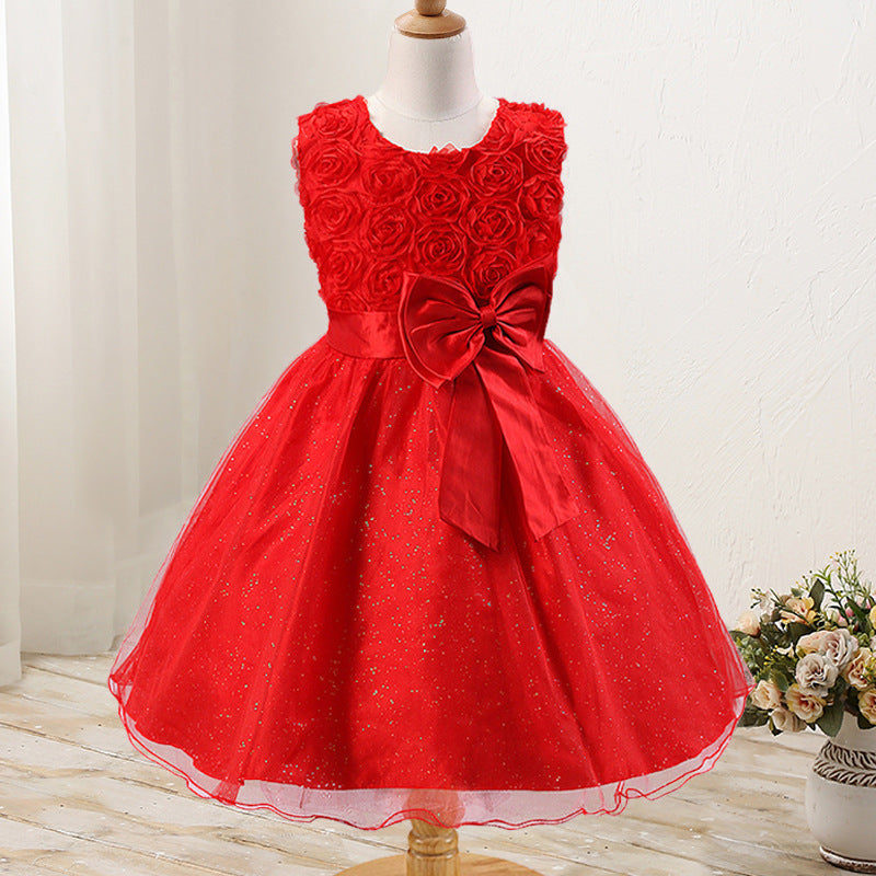Rose flower bowknot girls dress wedding dress princess