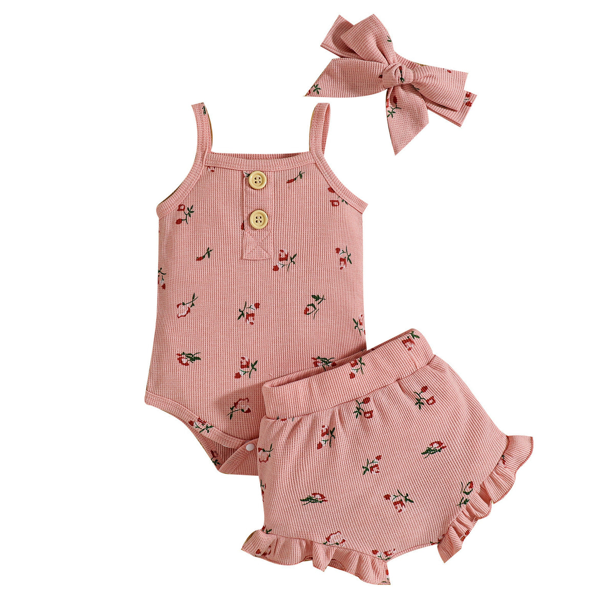 Infant Set Waffle Floral Print Suspenders Three Piece Set