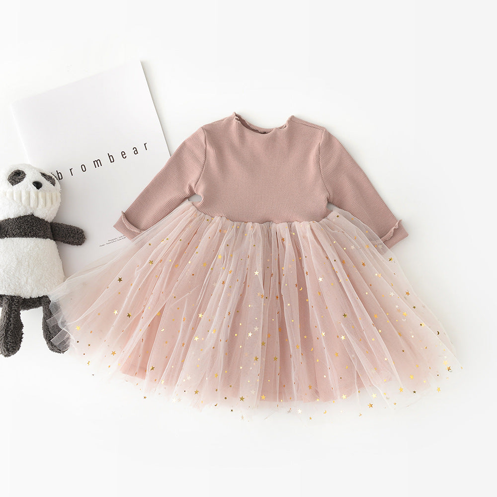 Children's Five-pointed Star Net Gauze Long-sleeved Dress