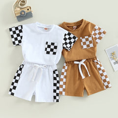 New Infant Toddler Chessboard Plaid Stitching Short Sleeve Suit