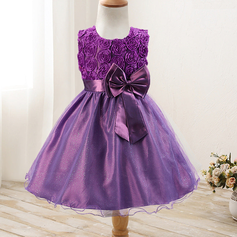 Rose flower bowknot girls dress wedding dress princess
