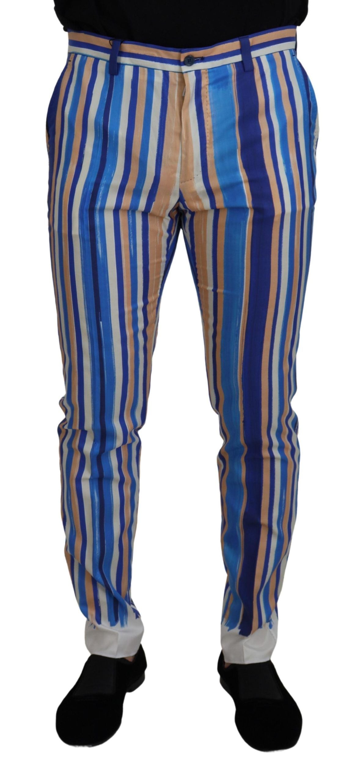 Blue Striped Silk Cotton Slim Trousers Pants