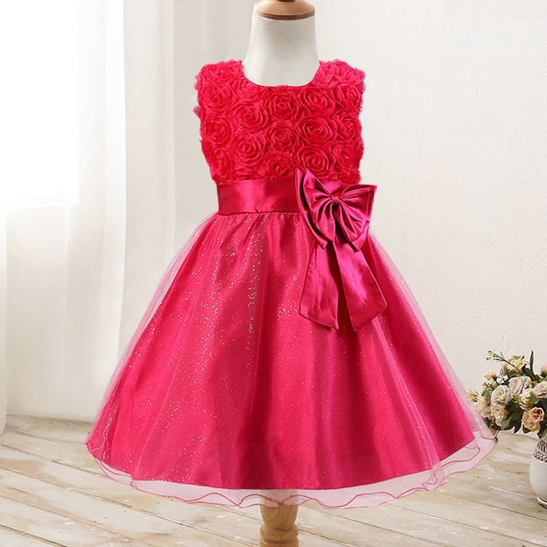 Rose flower bowknot girls dress wedding dress princess