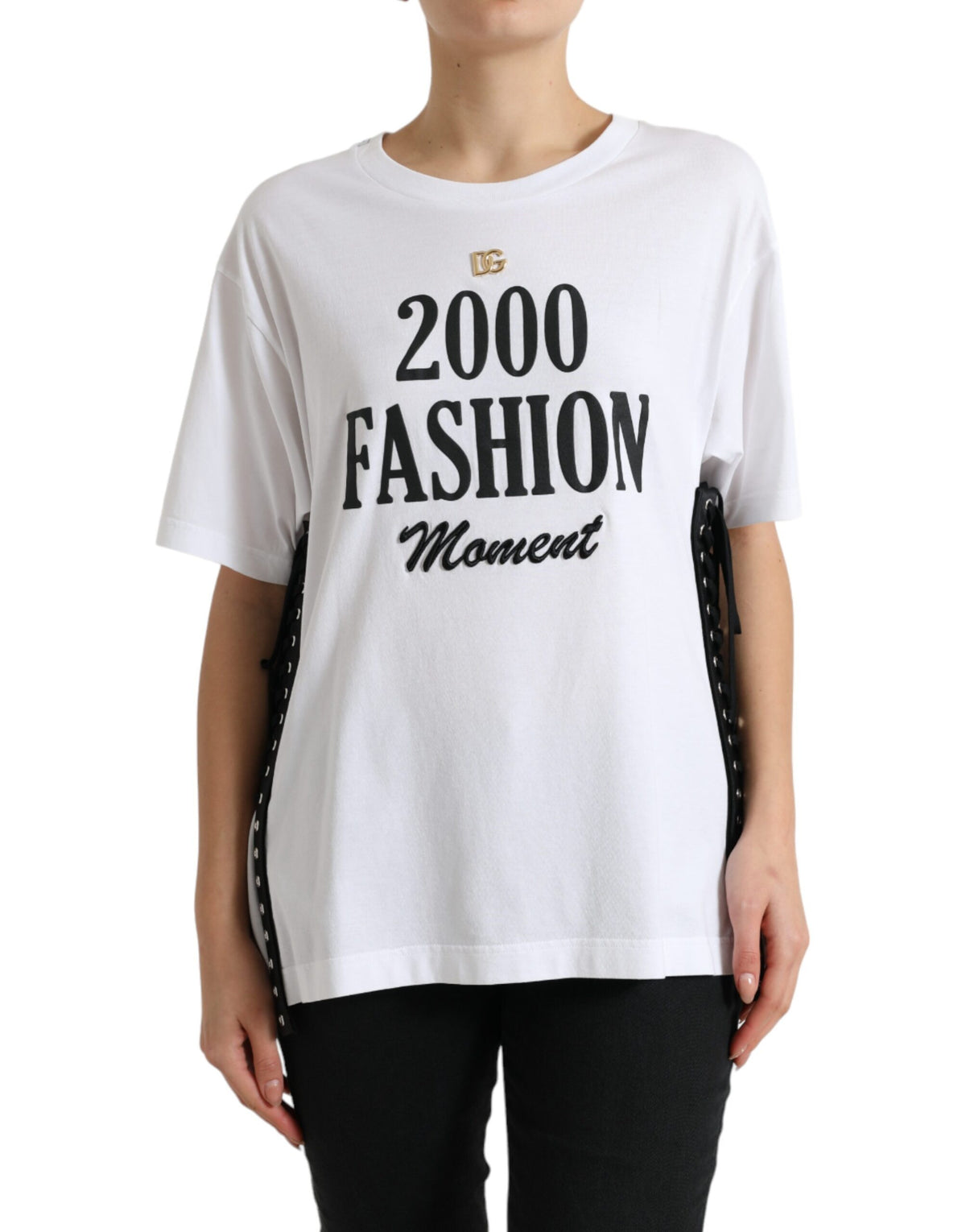 White Slogan Print Lace Detailed T-Shirt