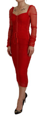 Red Mesh Trim Bodycon Sheath Midi Dress