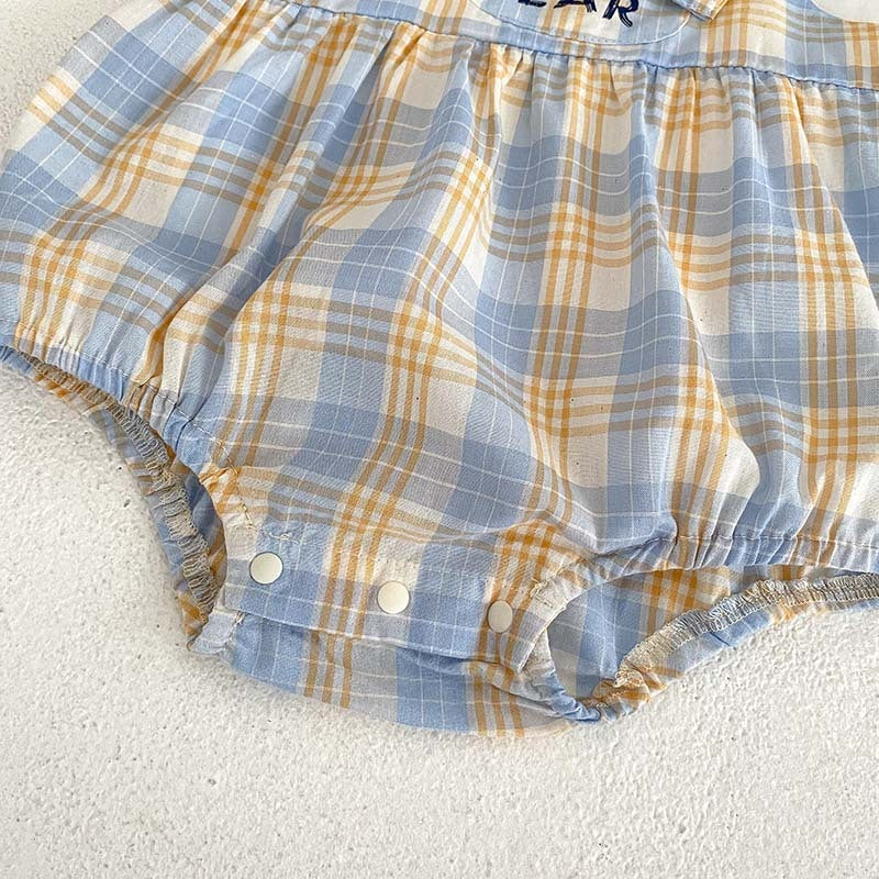 Baby Short Sleeve Two-piece Thin Bear Plaid Romper Climbing Clothing