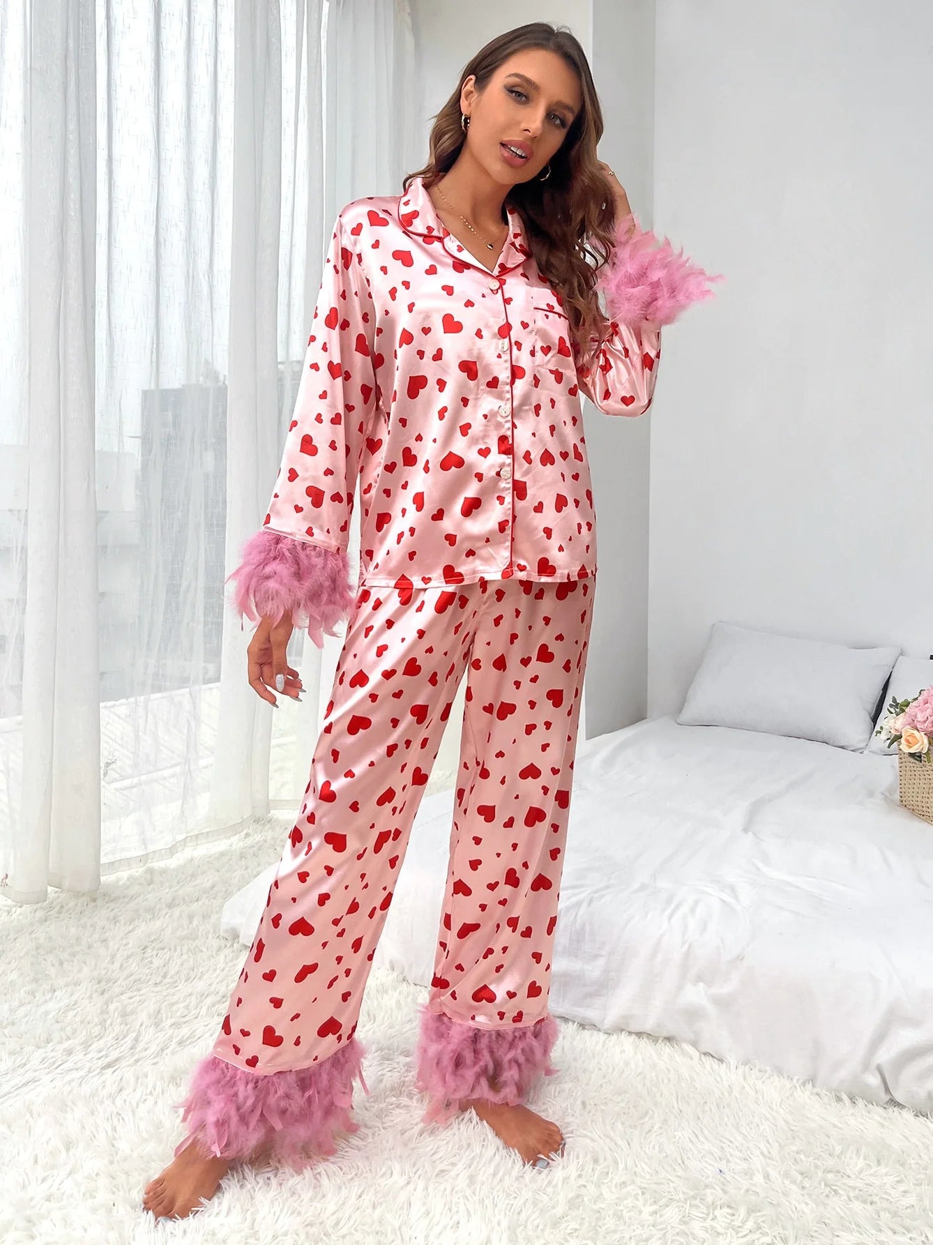 Women Loving Heart Printed Casual Suit Pajamas