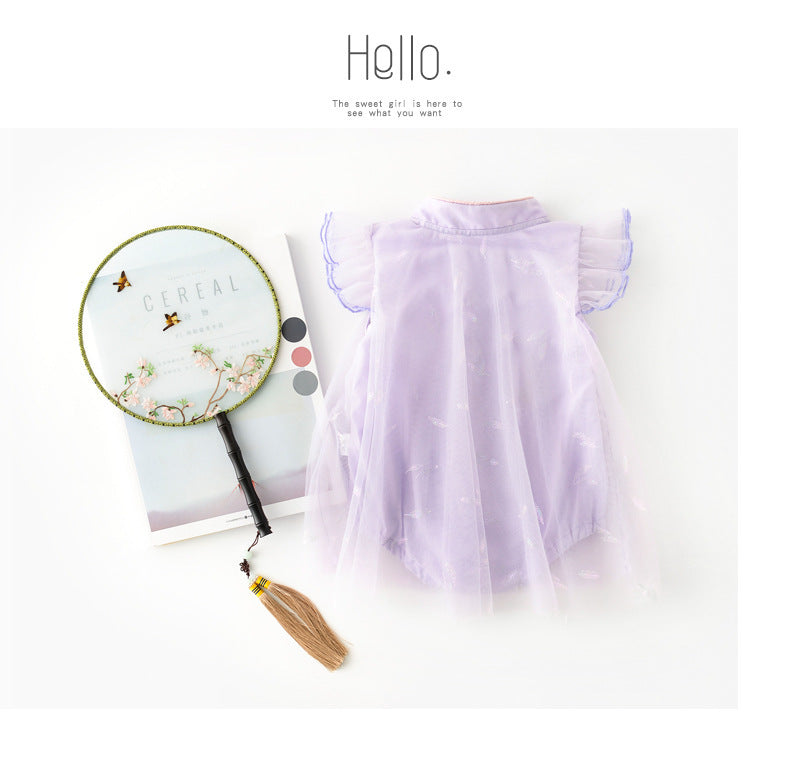 Baby Girl's Antique Style Buckle Mesh Feather Triangle Rompers Infant Onesie Dress