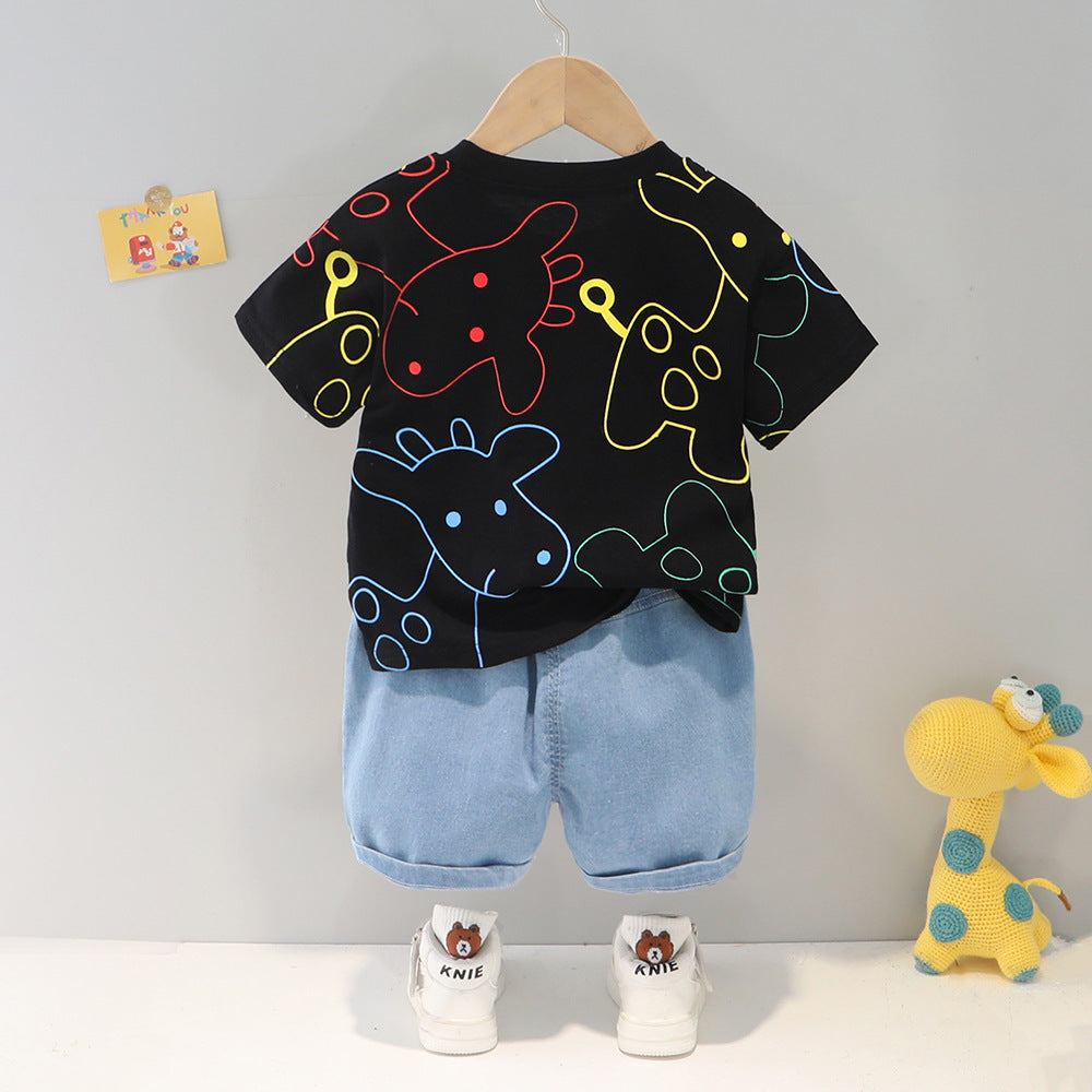 Casual Cute Sika Deer Printed Round Neck