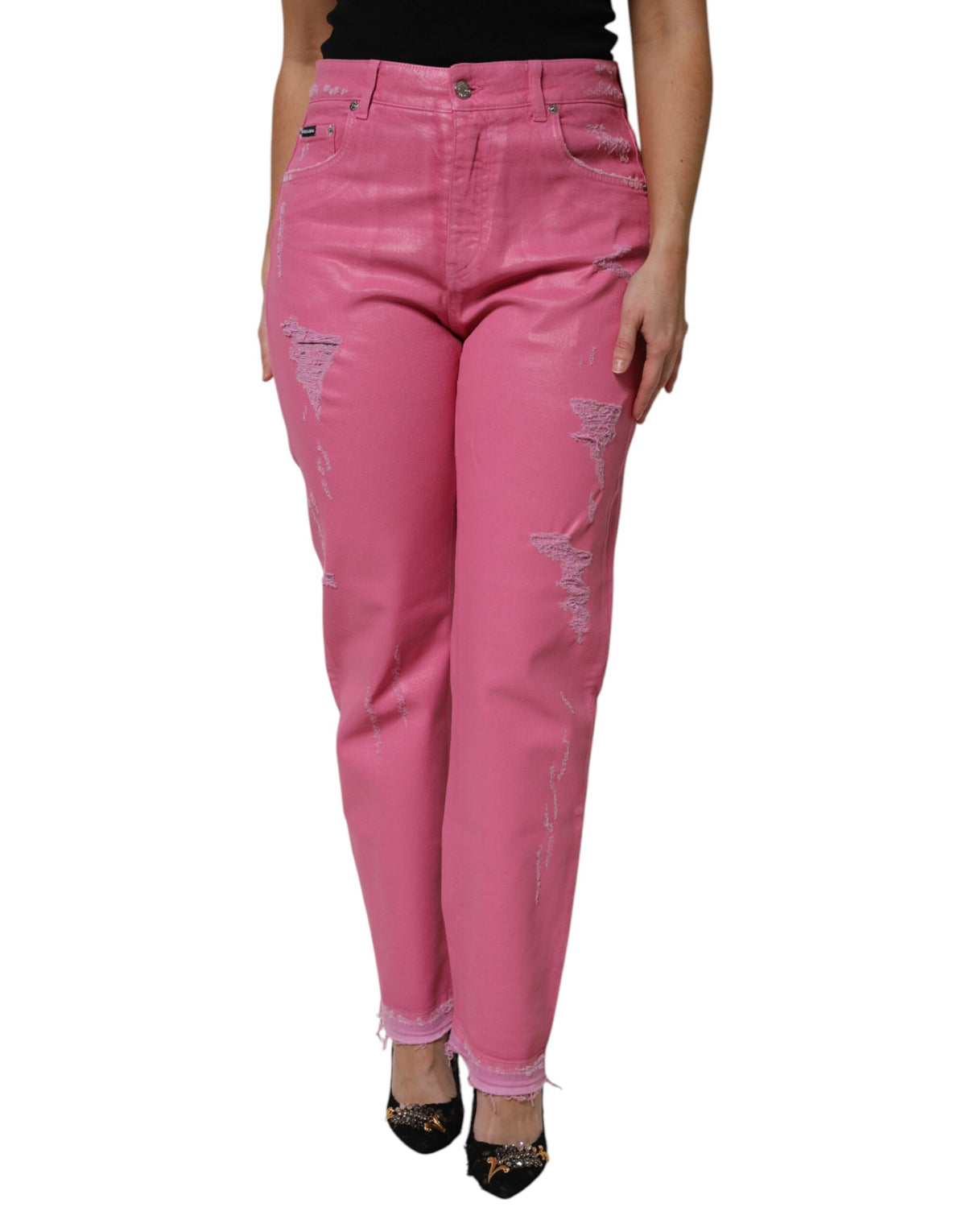 Pink Tattered Mid Waist Tapered Denim Jeans