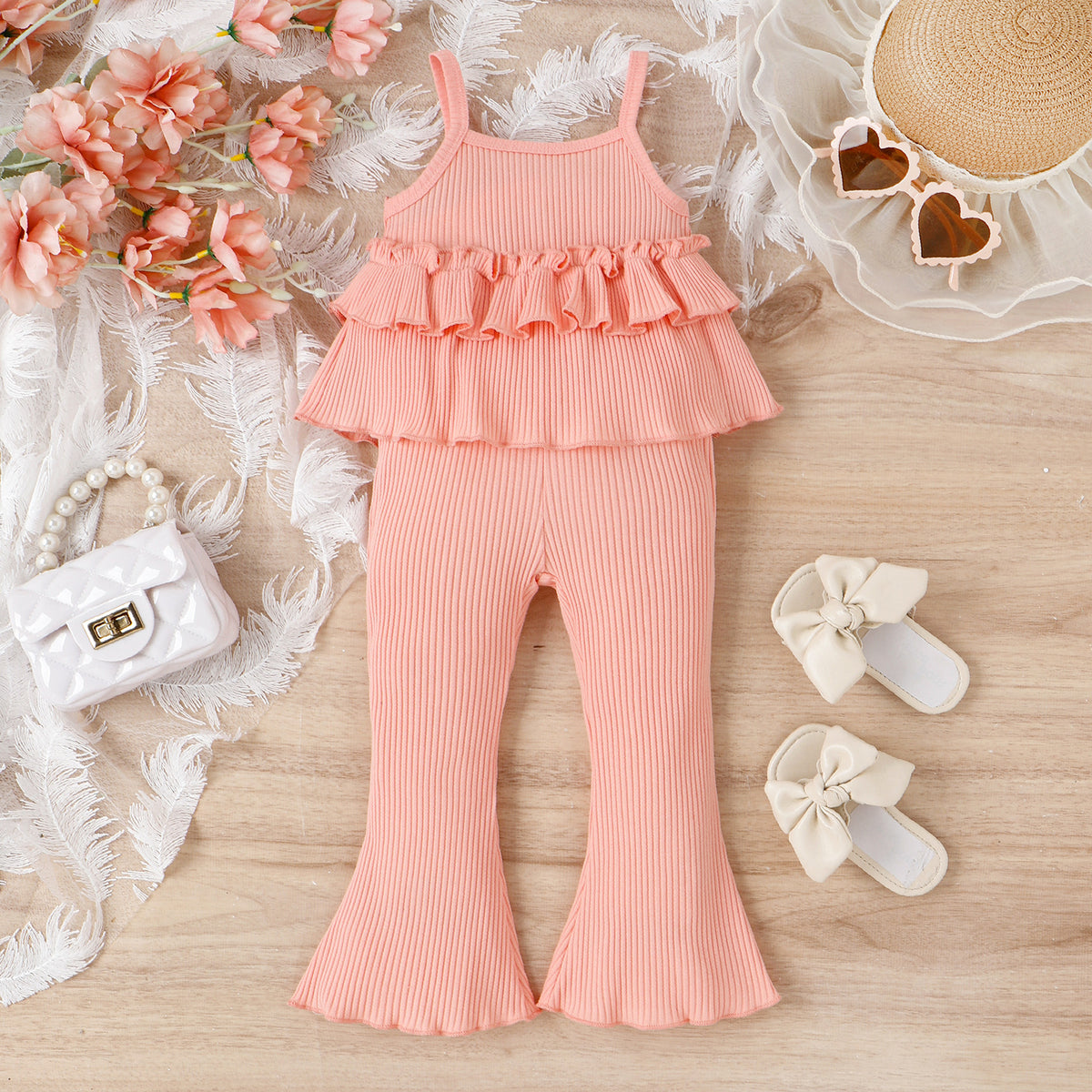 Children's Clothing Springummer Young And Little Girls Sling Lace-collared Blouse Horn Sunken Stripe Trousers Two-piece Suit