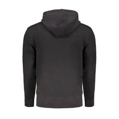 Black Cotton Men Sweater with Hood and Central Pockets