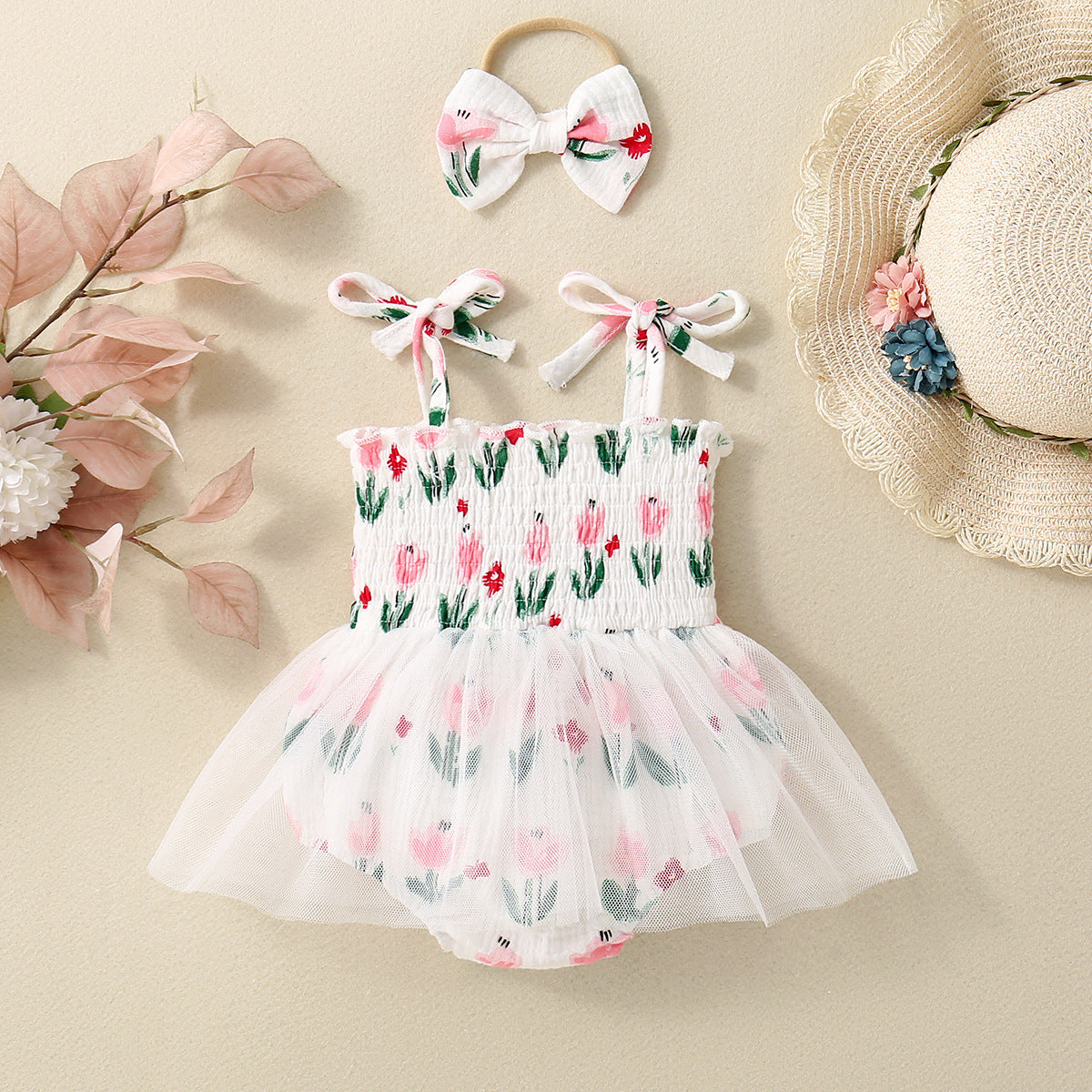 Baby Girl Flower Print Sling Triangle Rompers Tulle Skirt