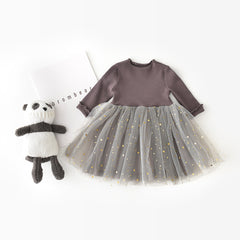 Children's Five-pointed Star Net Gauze Long-sleeved Dress