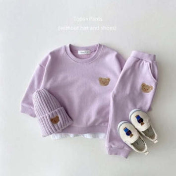 Korean Style Ins Newborn Infant Children's Cotton Bear Round Neck Sweater Sports Suit Baby Leisure Cartoon Two Piece Set