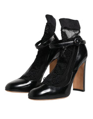 Black Leather Lace Socks Heels Pumps Shoes