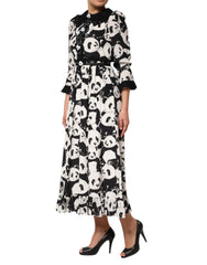 White Black Panda Print Flared Midi Dress