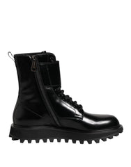 Black Leather Lace Up Mid Calf Boots Shoes