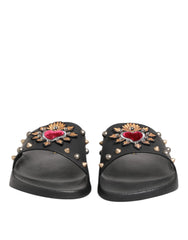 Black Rubber Sacred Heart Slides Men Beachwear Shoes