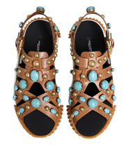 Brown Leather Studded Slides Sandals Shoes