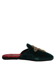 Green Velvet Cross Embellished Slippers Shoes