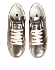 Gold White Leather Low Top Men Sneakers Shoes