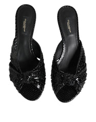 Black Leather Heels Slides Sandals Shoes