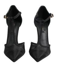 Black Mesh T-strap Stiletto High Heels Shoes