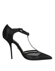 Black Mesh T-strap Stiletto High Heels Shoes