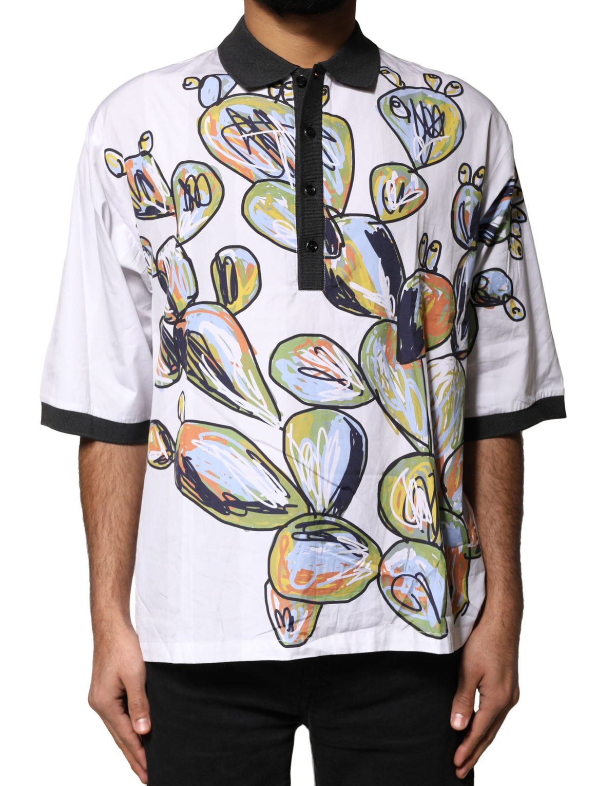 White Sketch Print Oversized Mens Polo T-Shirt