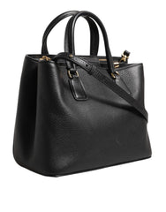 Black Calf Leather Logo Plaque Shoulder Tote Bag