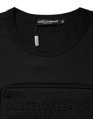Black Embossed Logo Cotton Crew Neck T-Shirt