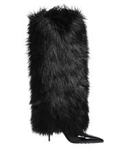 Black Faux Fur Pointed Knee High Stiletto Boots Shoes