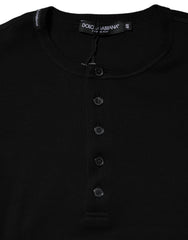 Black Cotton Knit Crew Neck Henley T-shirt