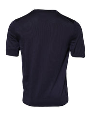 Dark Blue Silk Crew Neck Short Sleeves T-Shirt