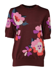 Maroon Floral Silk Crew Neck Blouse Top