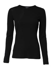 Black Cotton Knit Round Neck Long Sleeves T-shirt