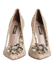 Beige Taormina Lace Crystal Heels Pumps Shoes