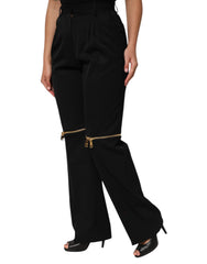 Black Zip Detailed Wool Straight Leg Pants