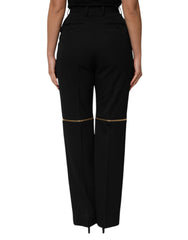Black Zip Detailed Wool Straight Leg Pants
