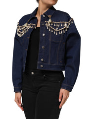 Blue Cotton Denim Crystal Embellished Jacket