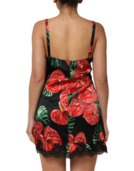Black Floral Lace Trim Chemise Lingerie Dress